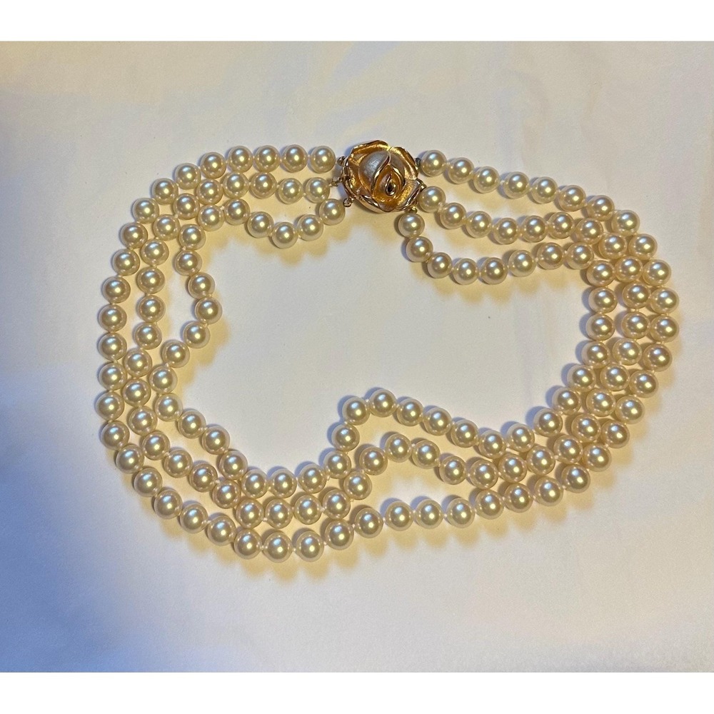3 Strand Faux Pearl Necklace w/ Gold Rose Clasp